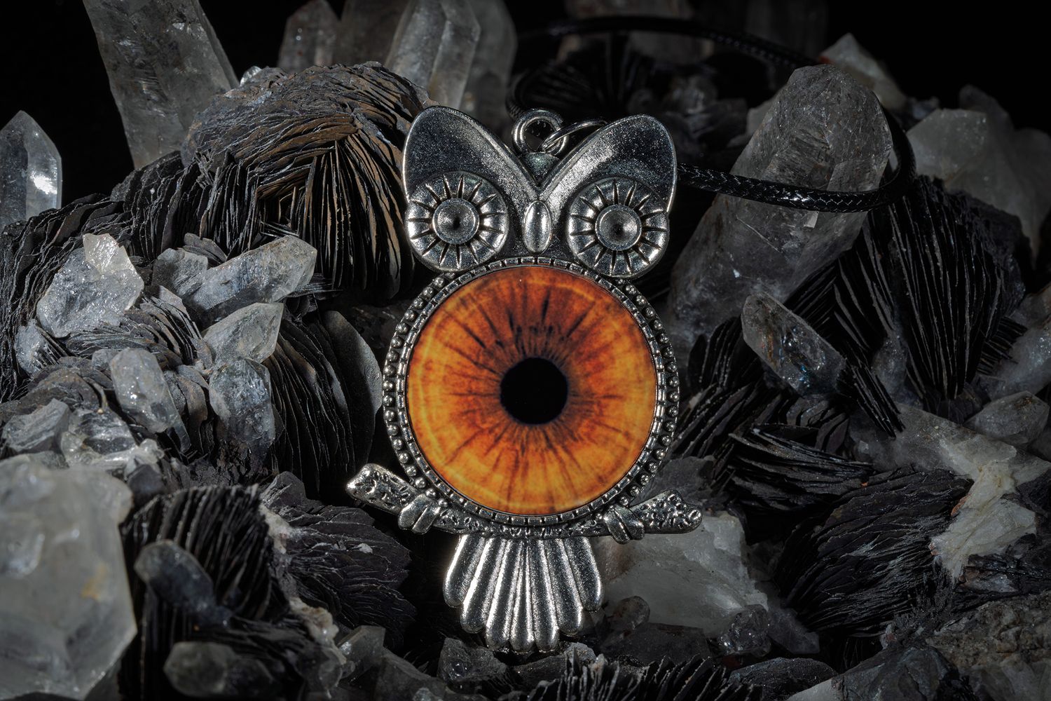 A silver owl pendant with an orange glass eye sits atop dark crystals and feathers.