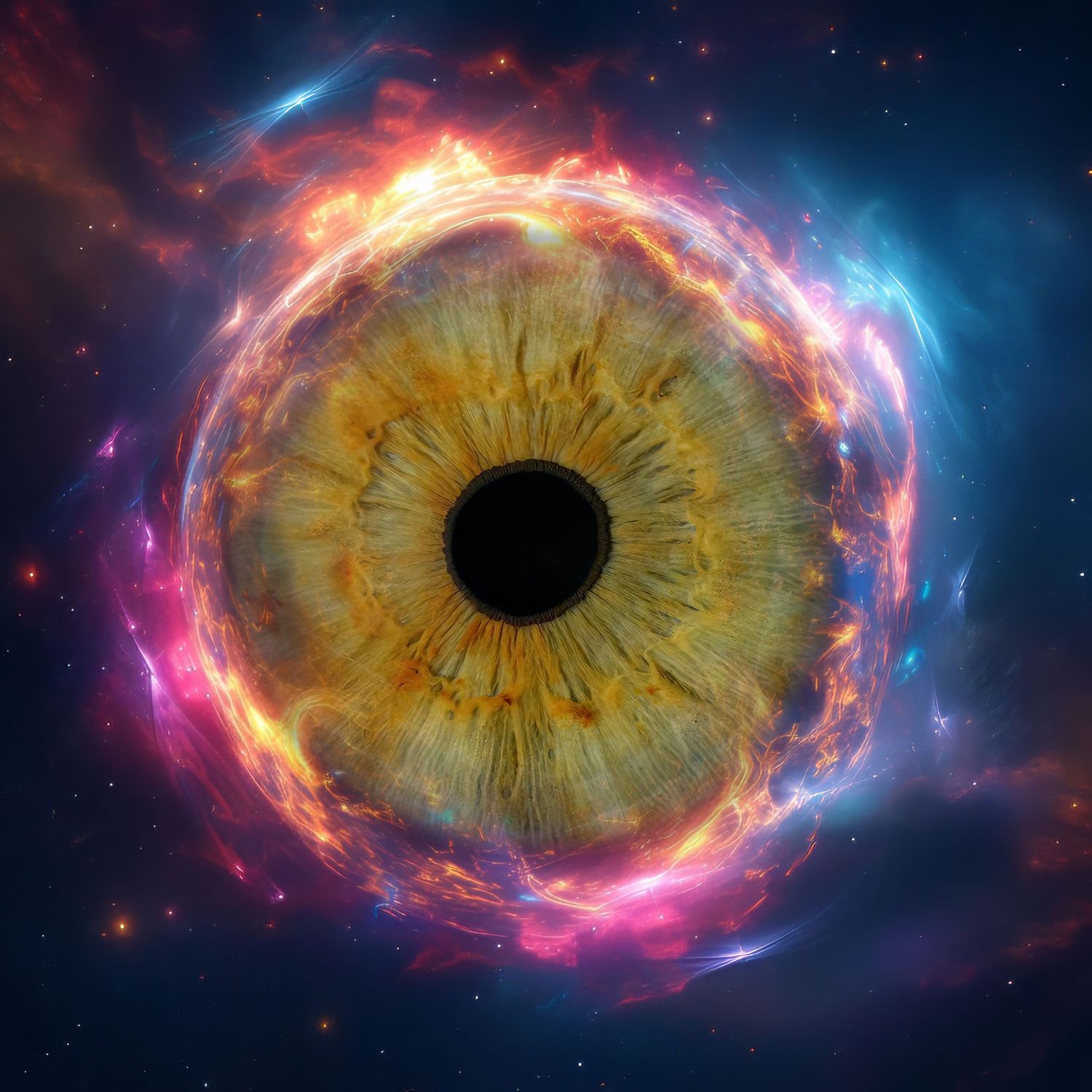A cosmic eye nebula with swirling orange, pink and blue gases around a dark center resembles an iris in deep space.