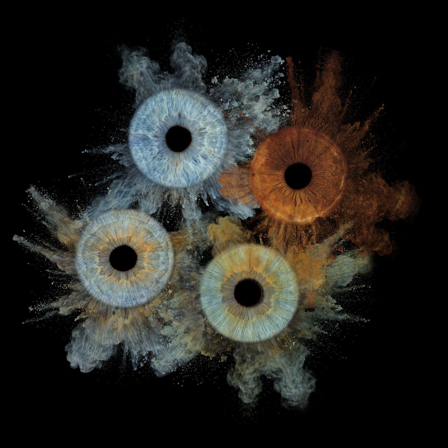 Four human irises with explosive colorful powder bursts on black background, showcasing blue and brown eye colors.