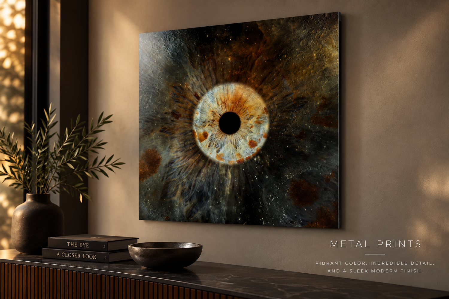 Metal print wall art featuring a cosmic eye design with rust and gold tones on a dark textured background, displayed in a modern interior.