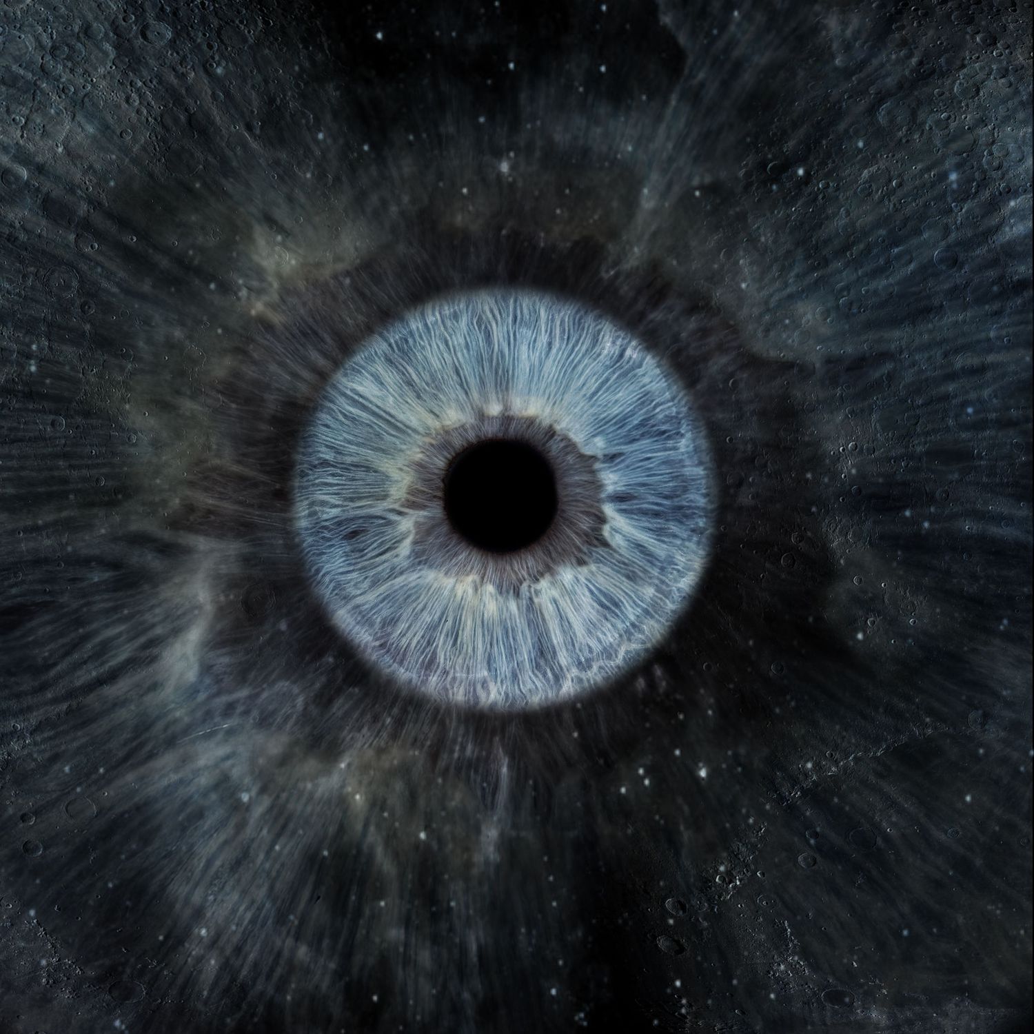 A macro blue human eye iris blending into a dark starry cosmic universe background.