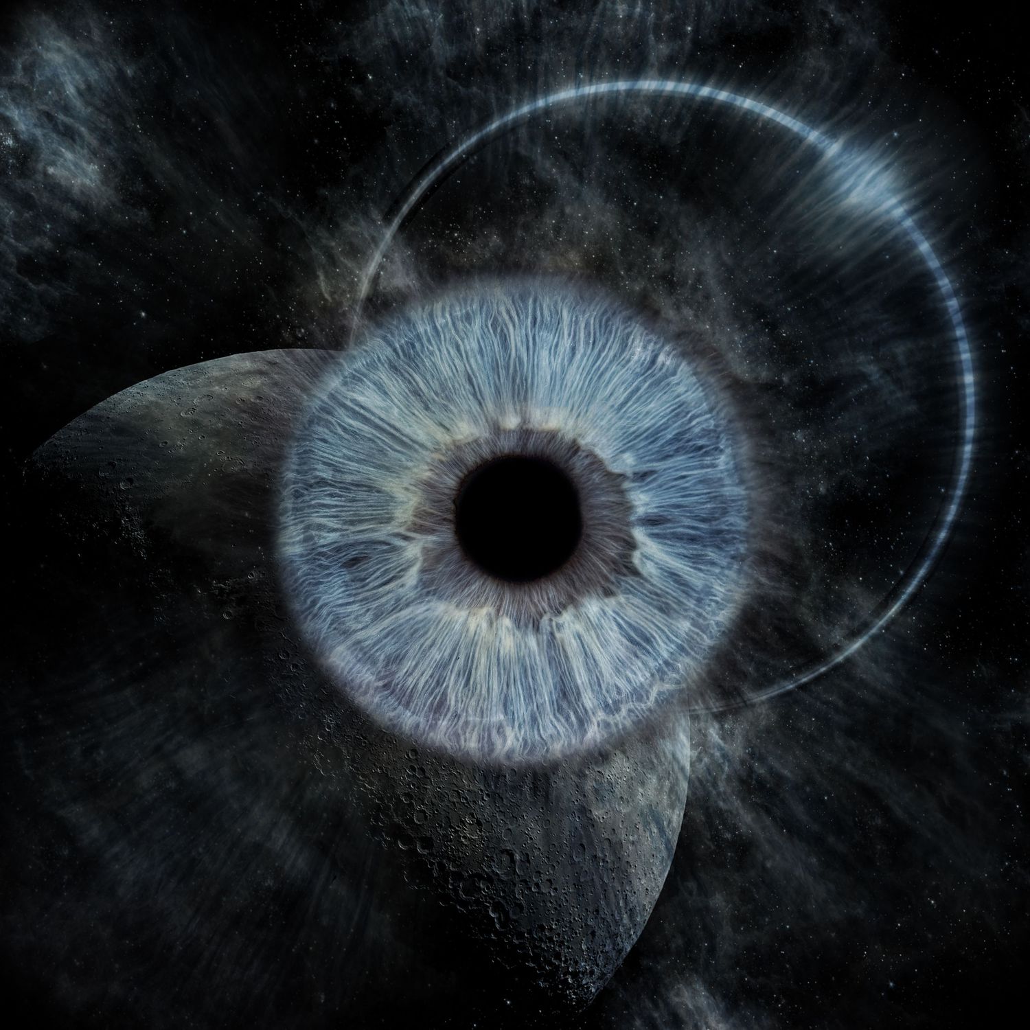 Blue human eye iris with crescent moon shapes and circular light ring on dark background.