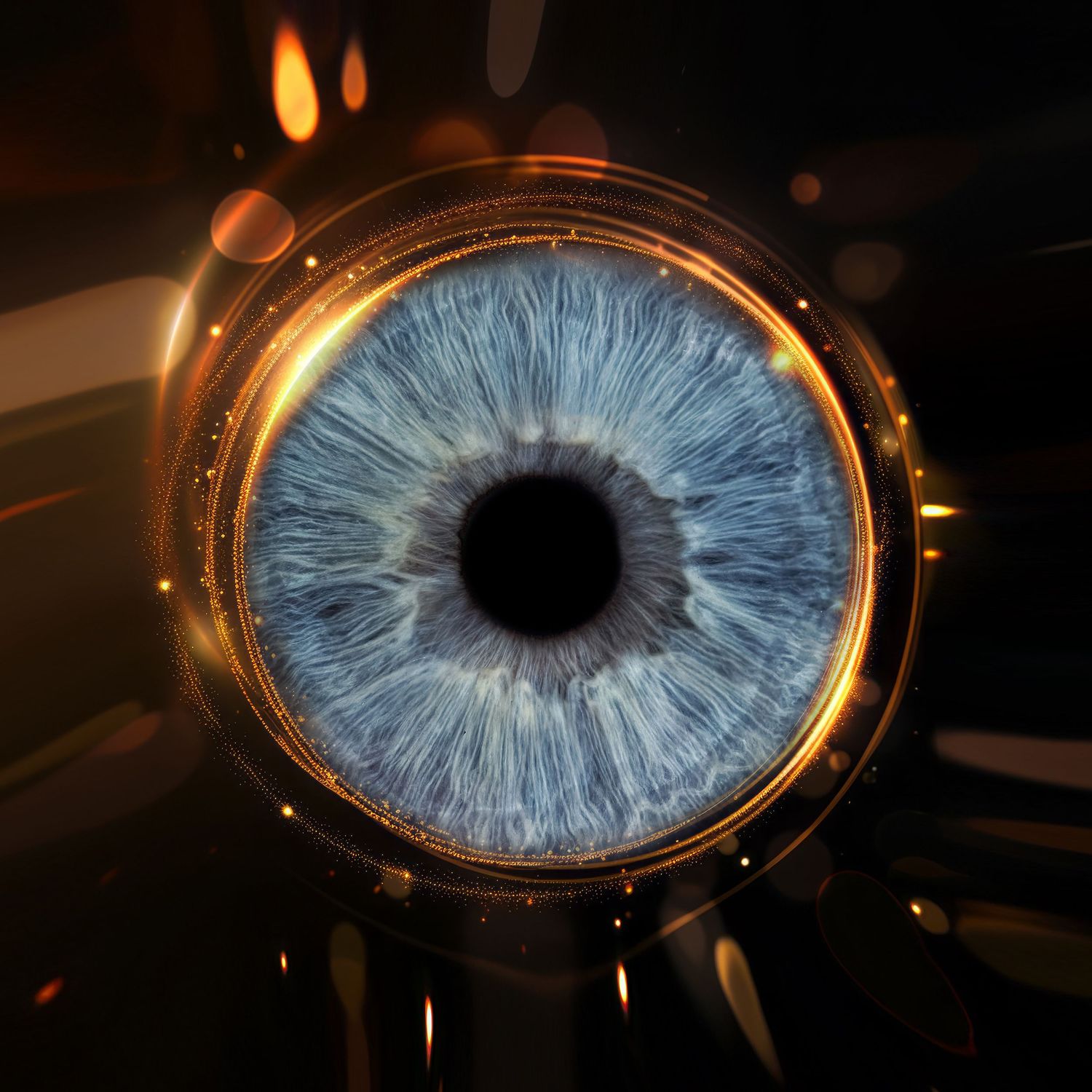 A close-up blue human eye framed by a golden mechanical ring with bokeh light effects.