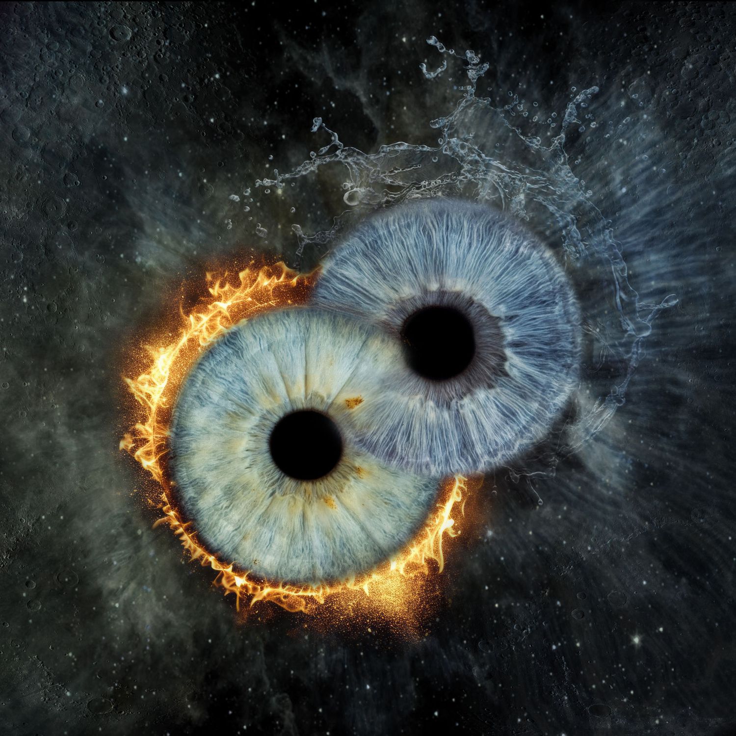 Two cosmic eyes forming a yin-yang symbol, one surrounded by fire and one by water, set against a dark galaxy background.