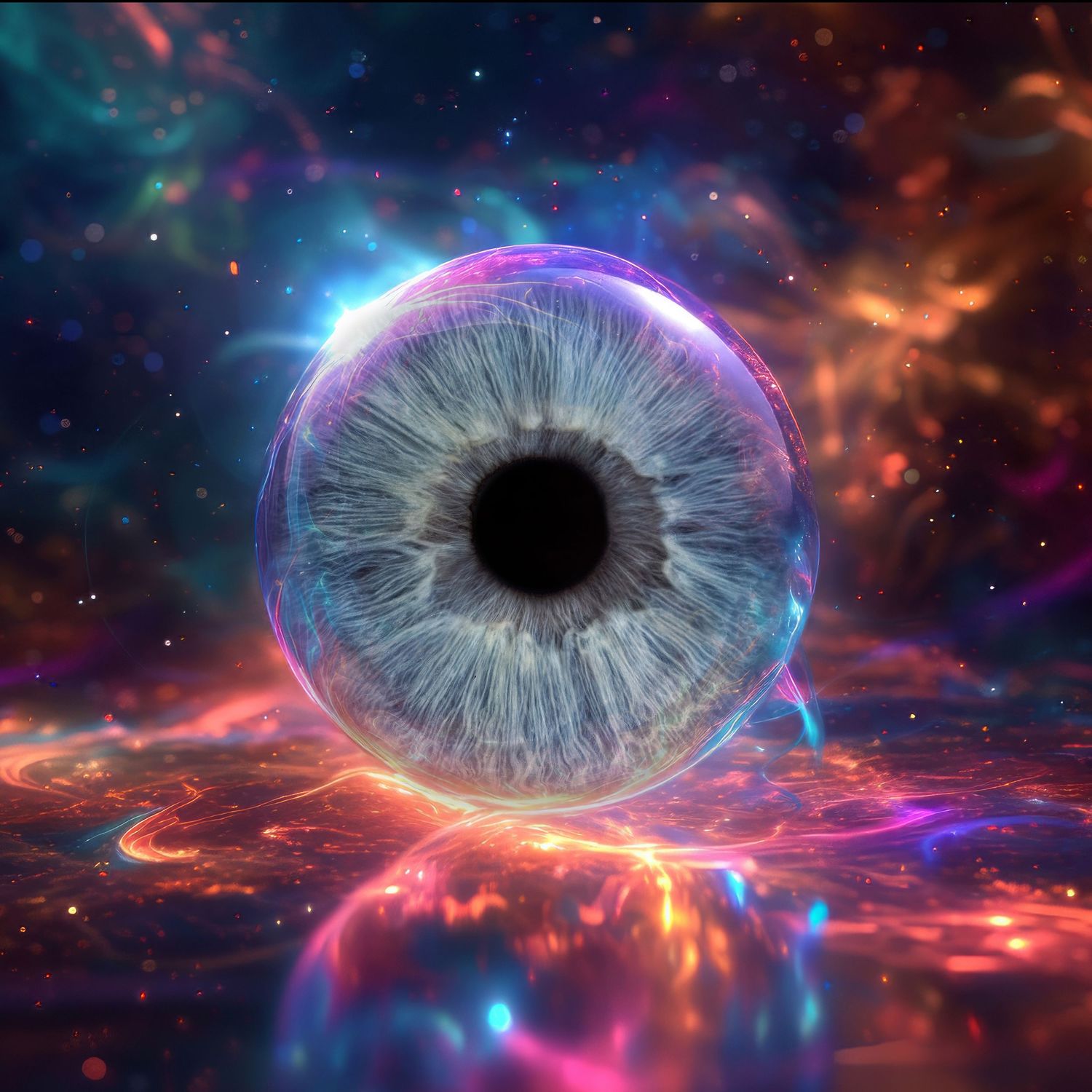A glowing cosmic eyeball floating on a colorful neon nebula surface in deep space.