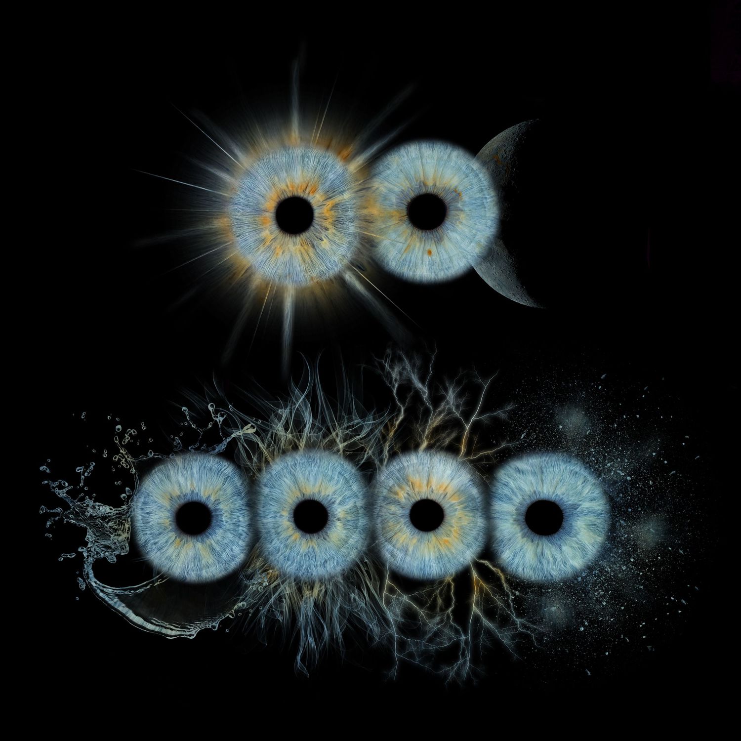 Six blue human eyes arranged artistically on black background with cosmic light effects and neural network patterns.