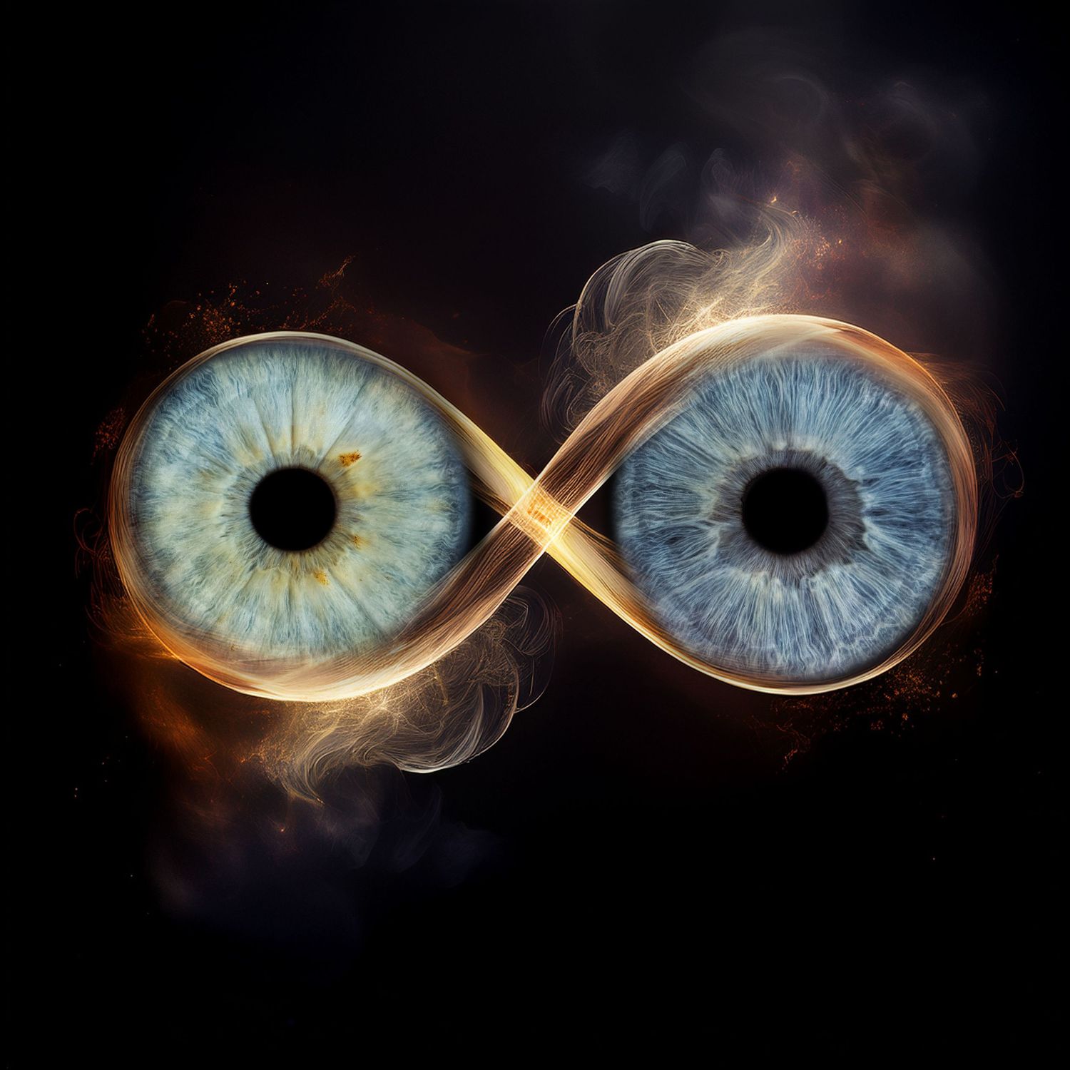 Two human eyes forming an infinity symbol with golden flames and smoke on a dark background.