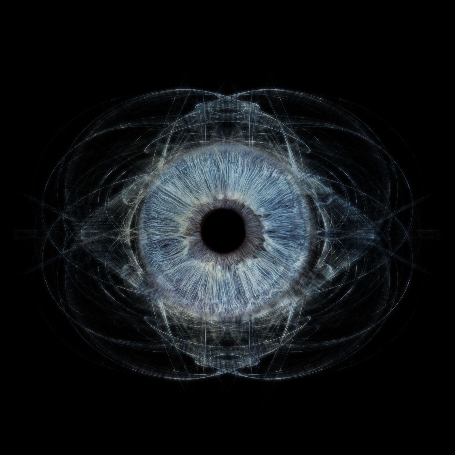 A single blue human iris surrounded by intricate glowing geometric wave patterns on a dark black background.