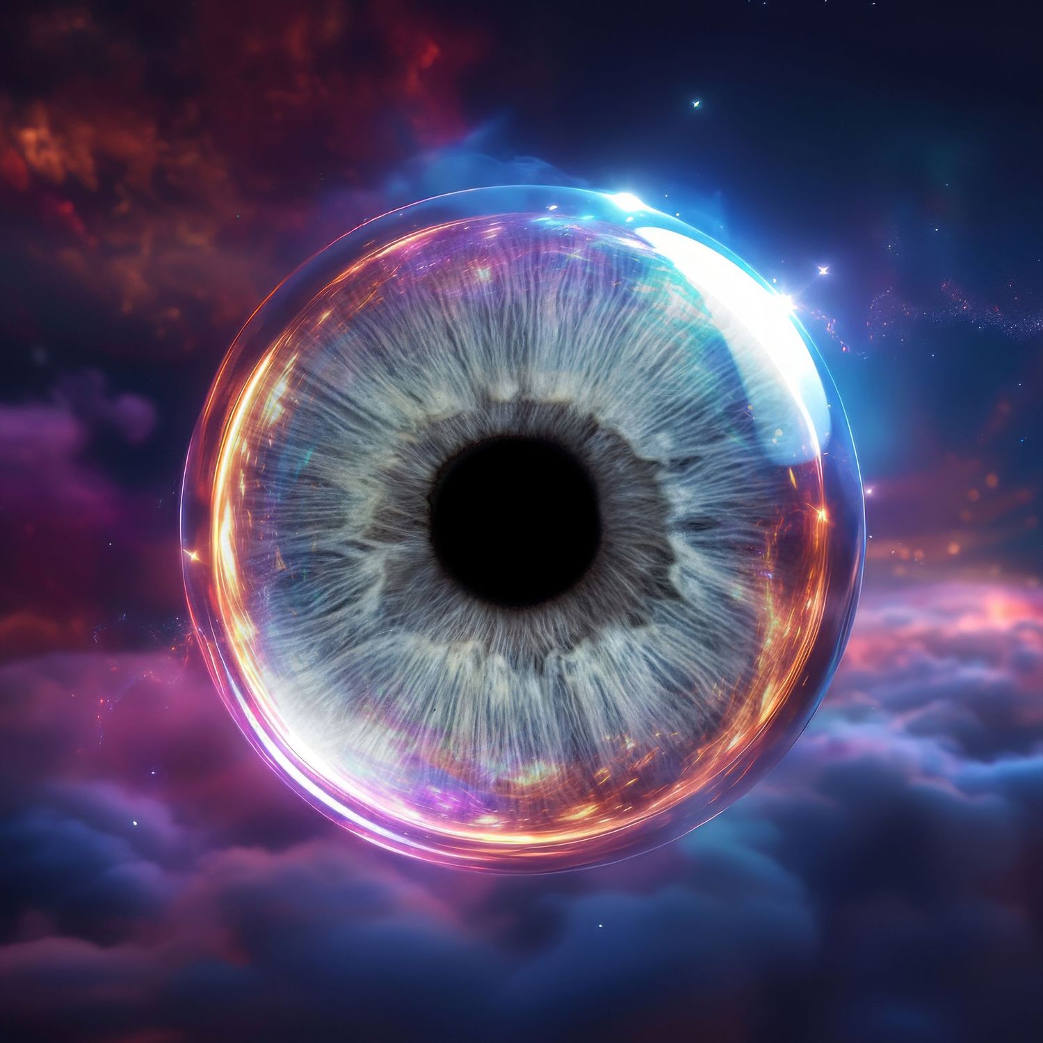 A surreal cosmic eye iris floating in a vibrant nebula with glowing neon light ring in space.