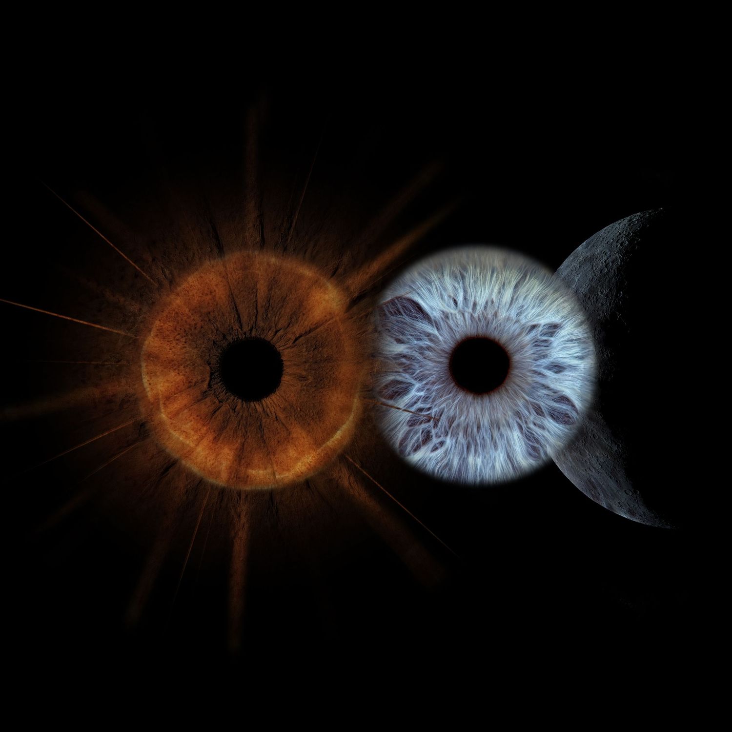 Two glowing eyes, one amber with sunburst rays and one blue with crescent moon, on black background.