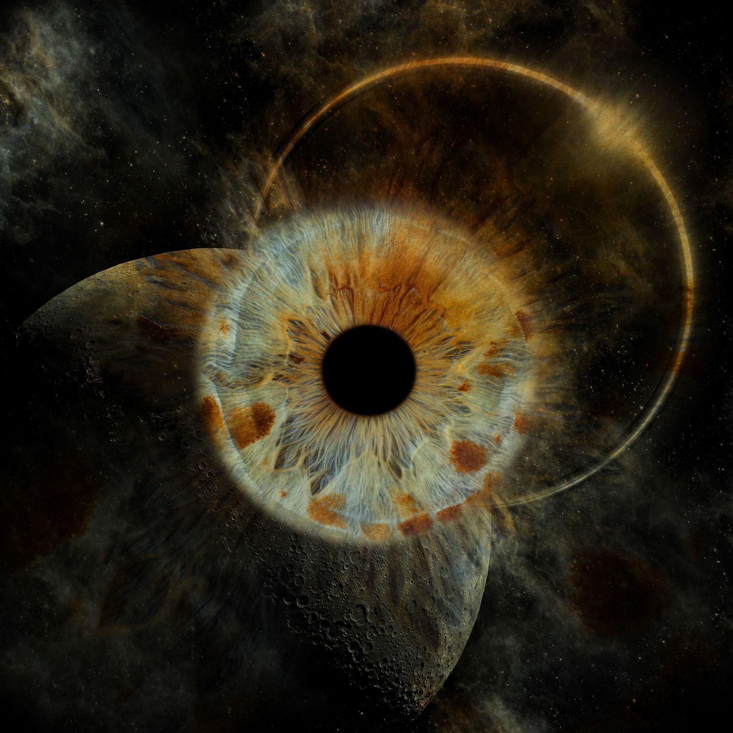 A surreal cosmic eye with an amber iris merges with a lunar surface against a dark nebula background.
