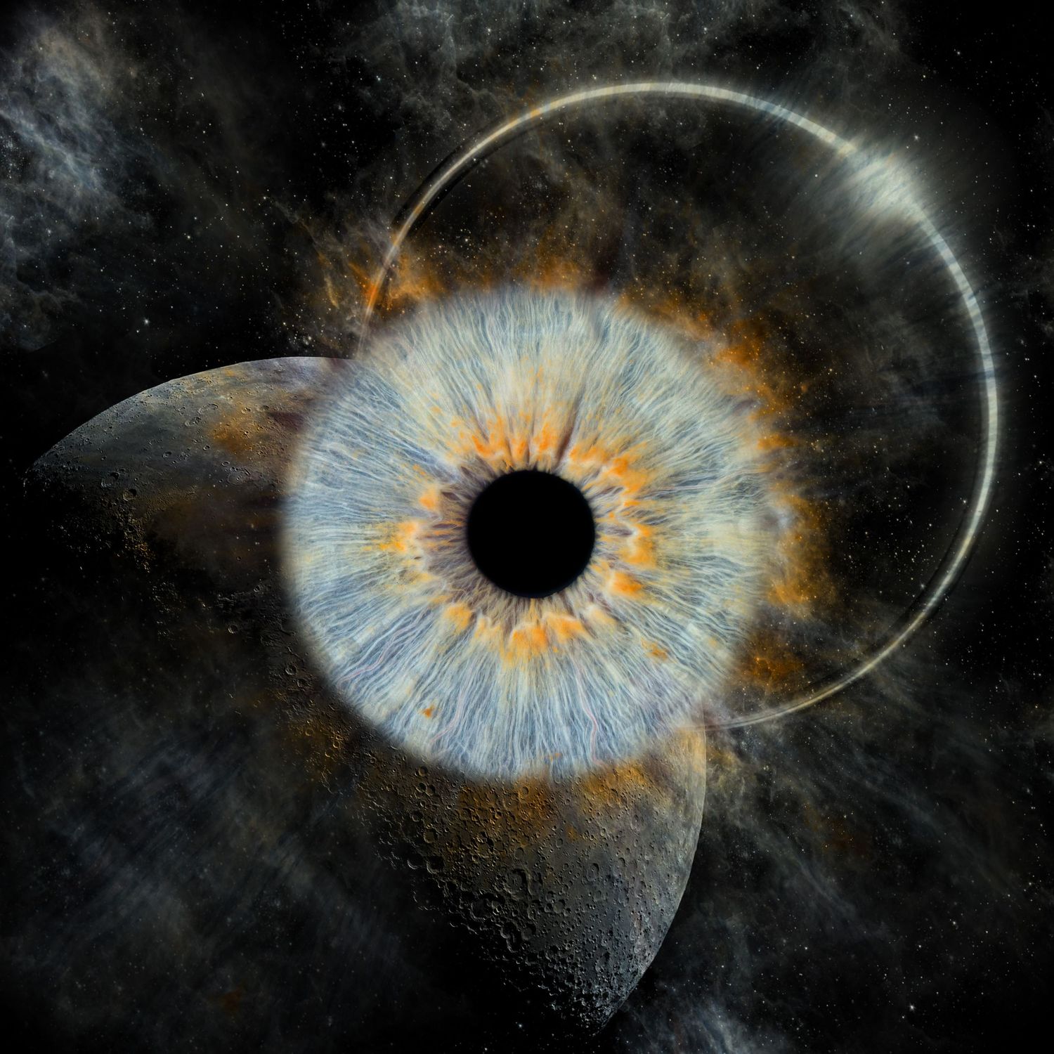 Surreal cosmic eye with blue iris and golden ring, merging with a moon-like sphere against a dark galaxy background.