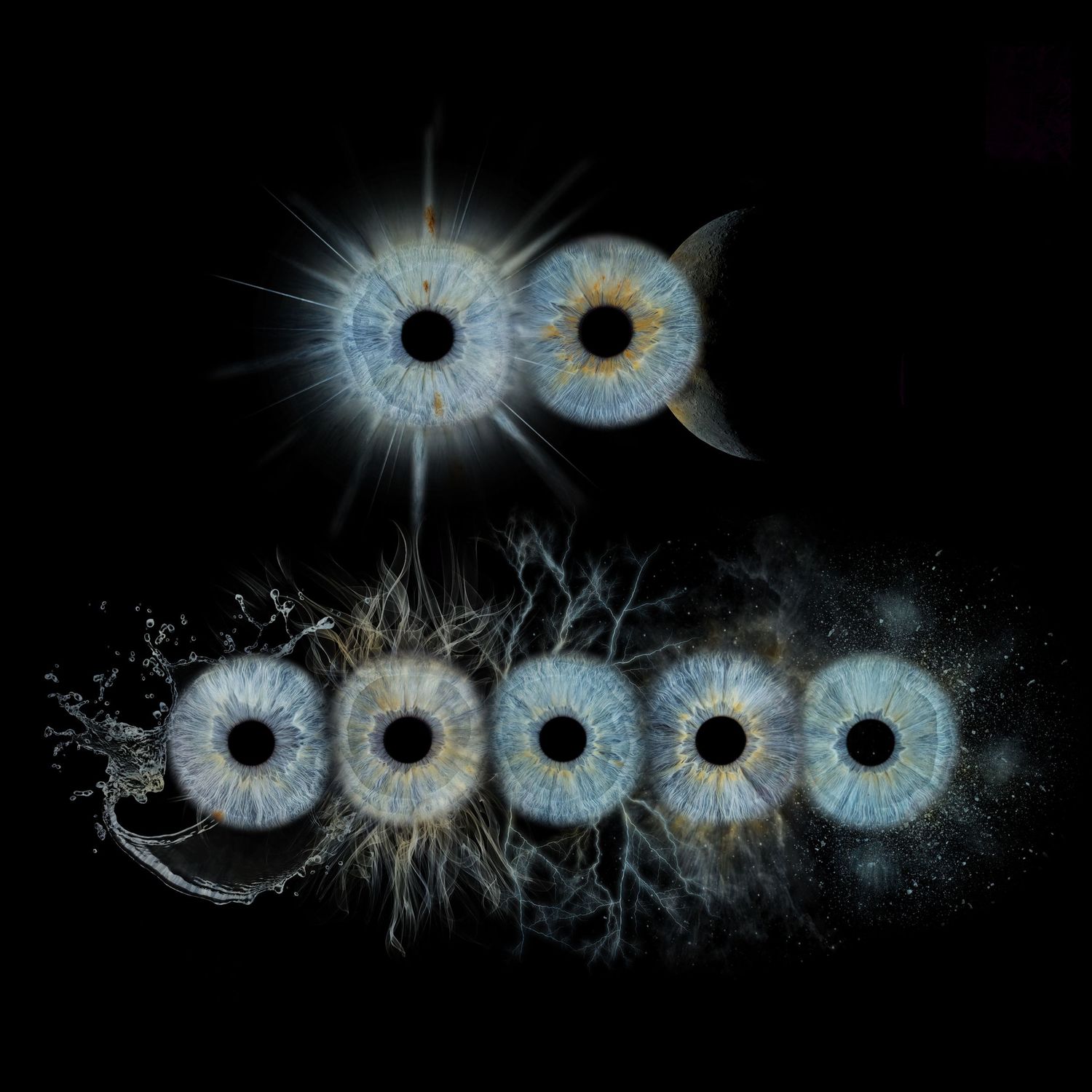 Seven blue human eyes arranged artistically on black background, forming an owl-like pattern with glowing light effects.