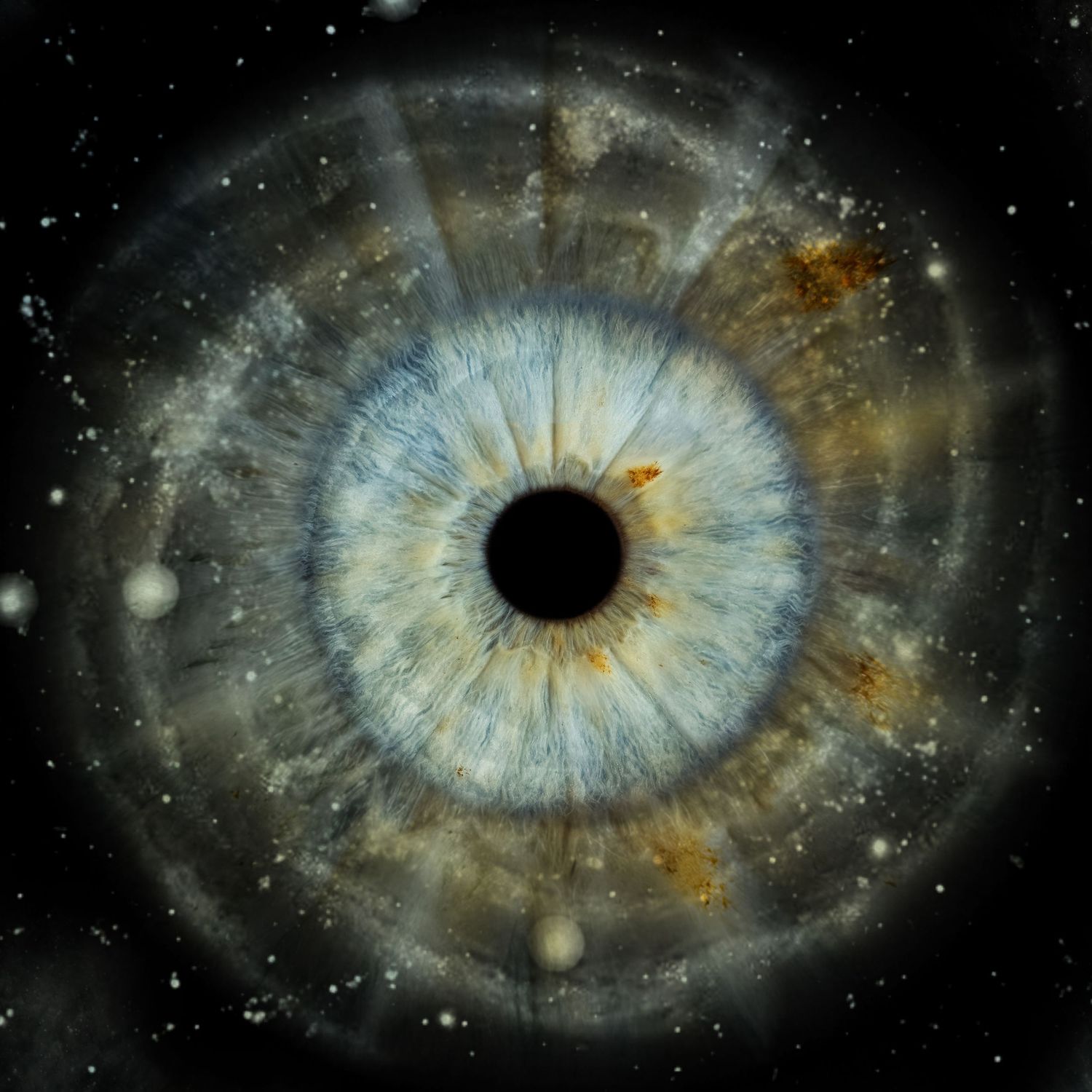A striking blue human iris eye macro with golden flecks set against a deep space background.