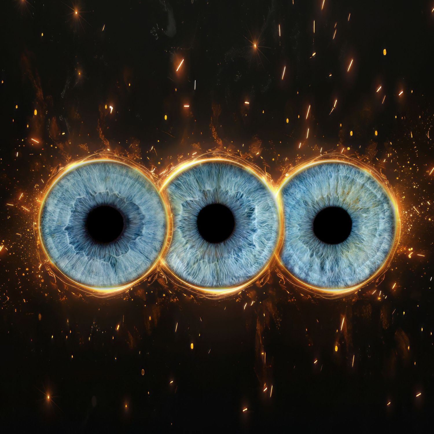 Three glowing blue irises surrounded by fiery sparks and embers against a dark background, creating a surreal artistic effect.