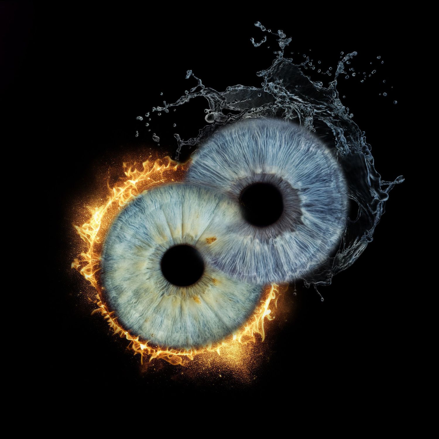 Two human eyes arranged in yin-yang style, one surrounded by fire and one by water splashes on black background.