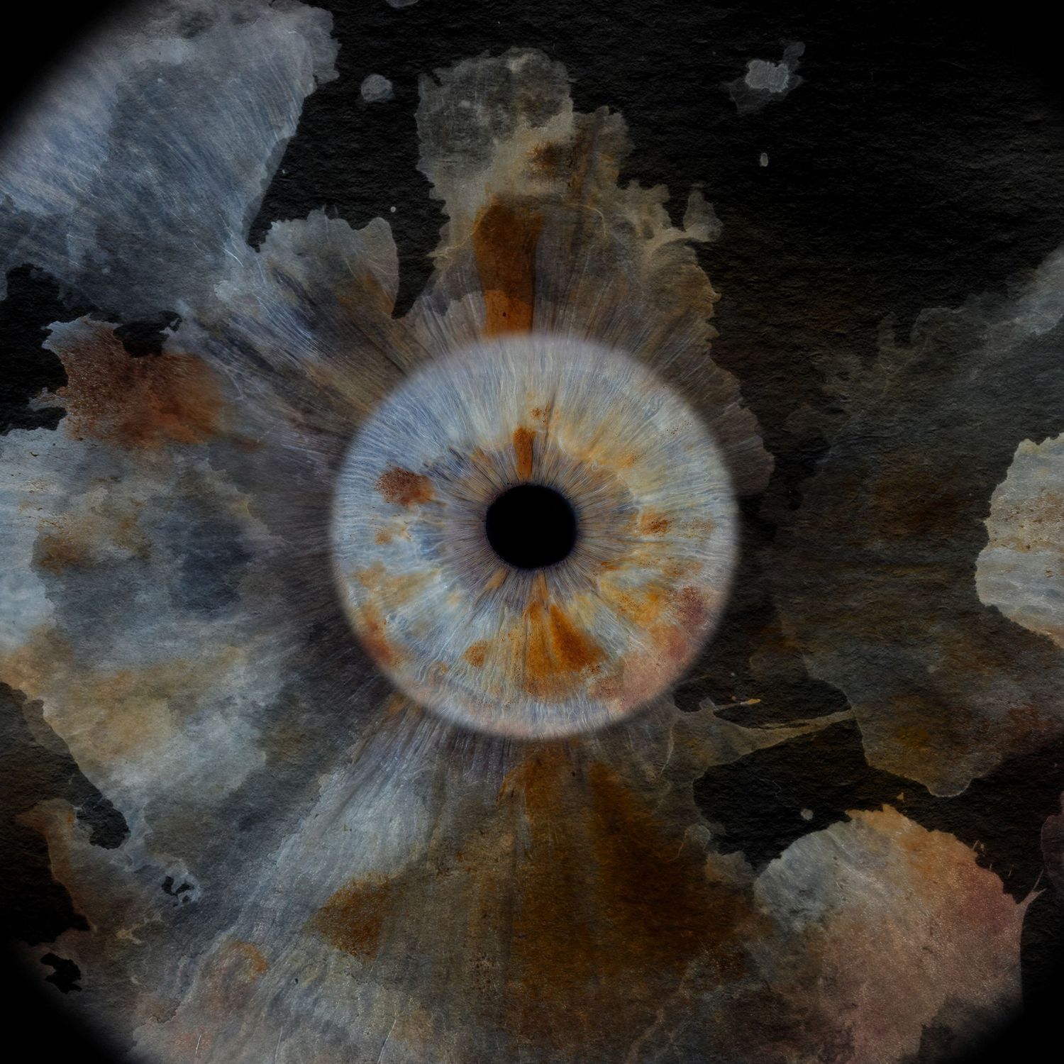 Single human eye iris with blue and rust tones surrounded by abstract watercolor splash texture.