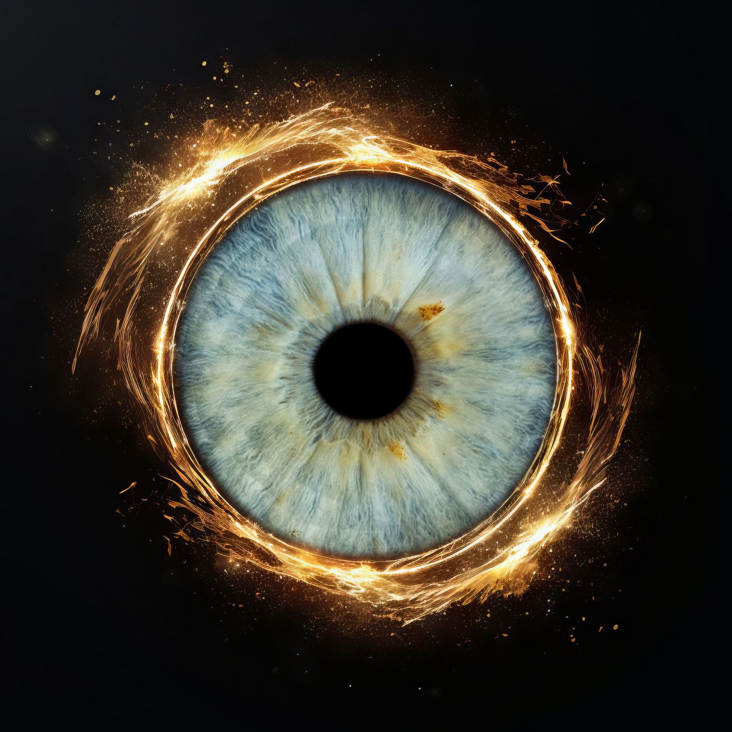 Artistic macro photo of a blue human eye iris encircled by a ring of golden fire sparks on black background.