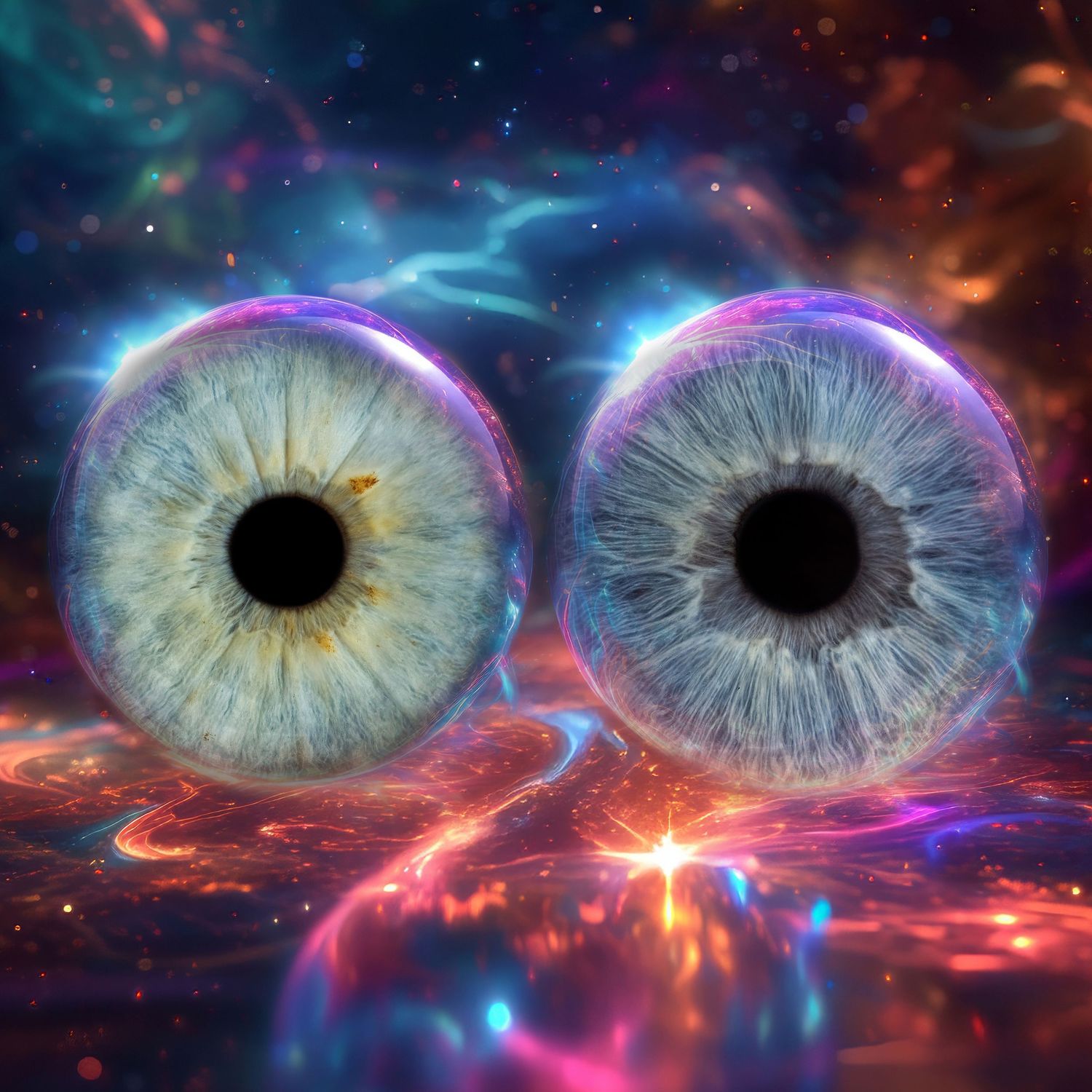 Two surreal human eyes floating in a vibrant cosmic nebula with colorful purple and blue galactic background.
