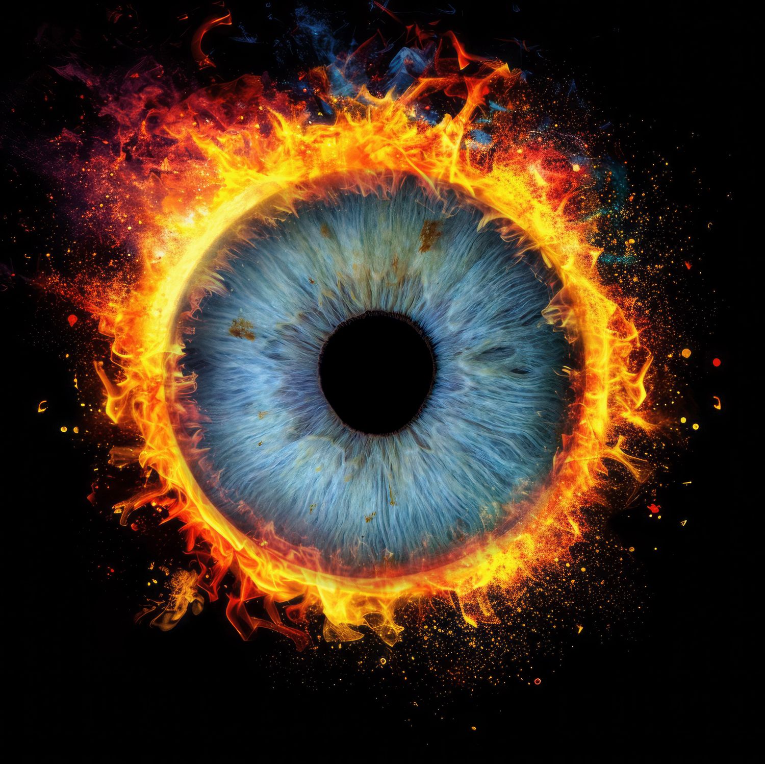 A striking blue iris surrounded by flames and fire in a dramatic artistic rendering against a black background.