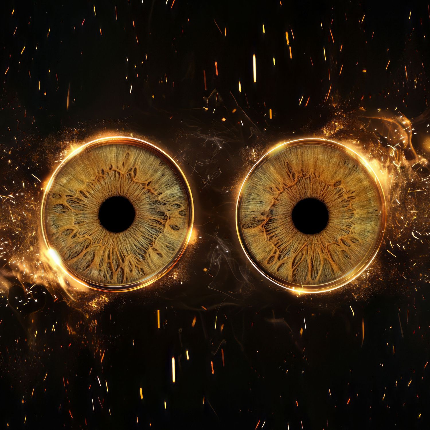 Two fiery golden eyes with glowing irises surrounded by flames and sparks on a dark background.