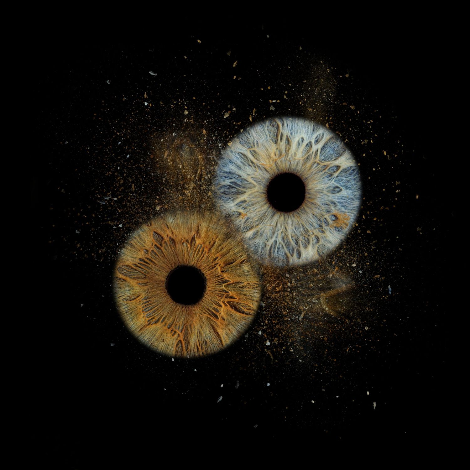 Two macro iris eyes, one amber and one blue-gray, exploding with particles against a black background.
