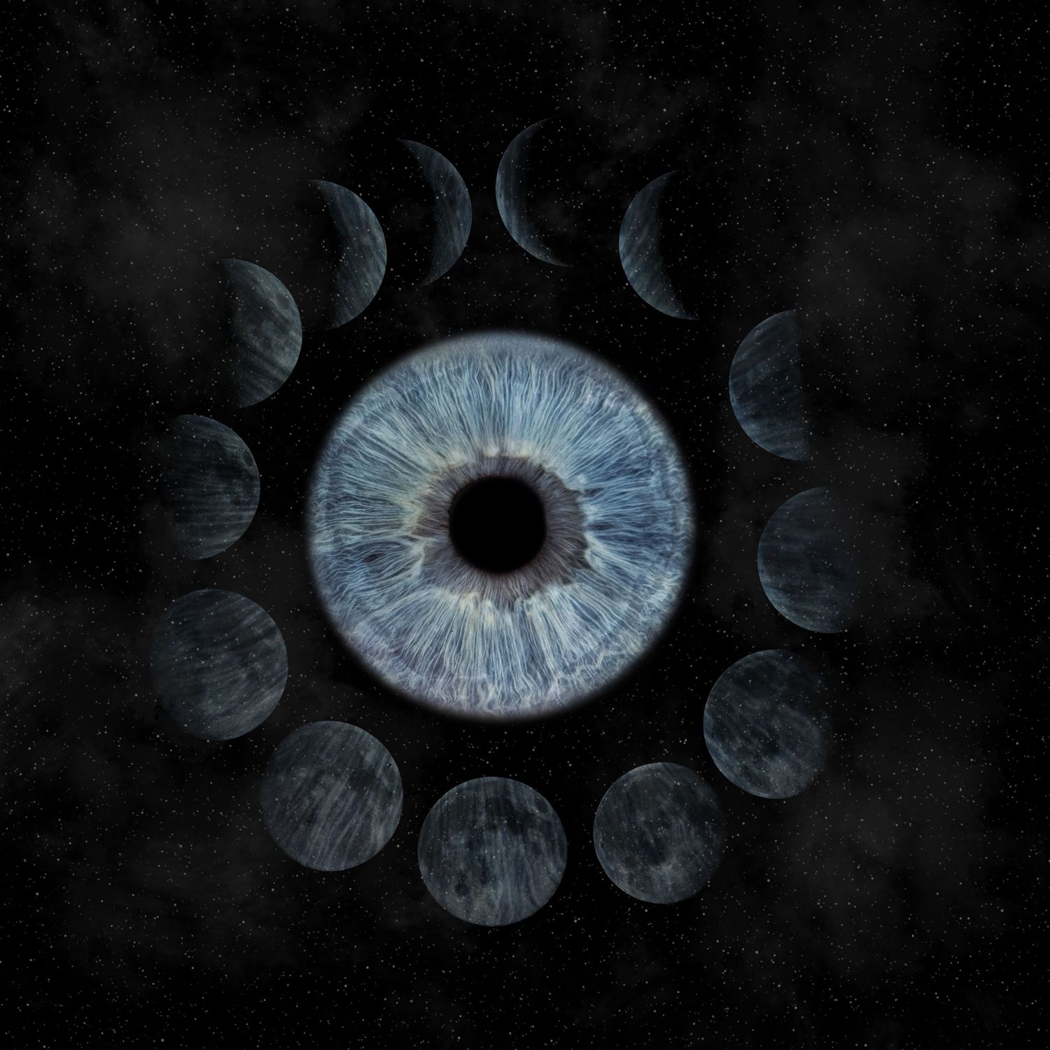 A blue human eye surrounded by phases of the moon on a dark starry background.