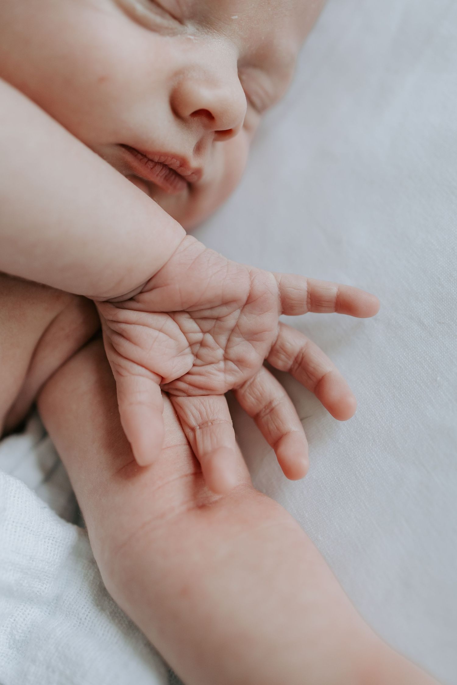 Close-up of a sleeping newborn baby's face and tiny open palm hand resting on a white blanket.