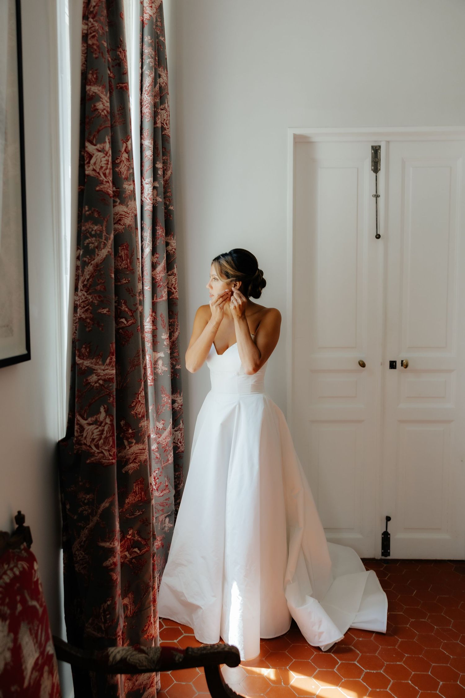 Artistic black and white photos showing flowing white wedding dress movement.