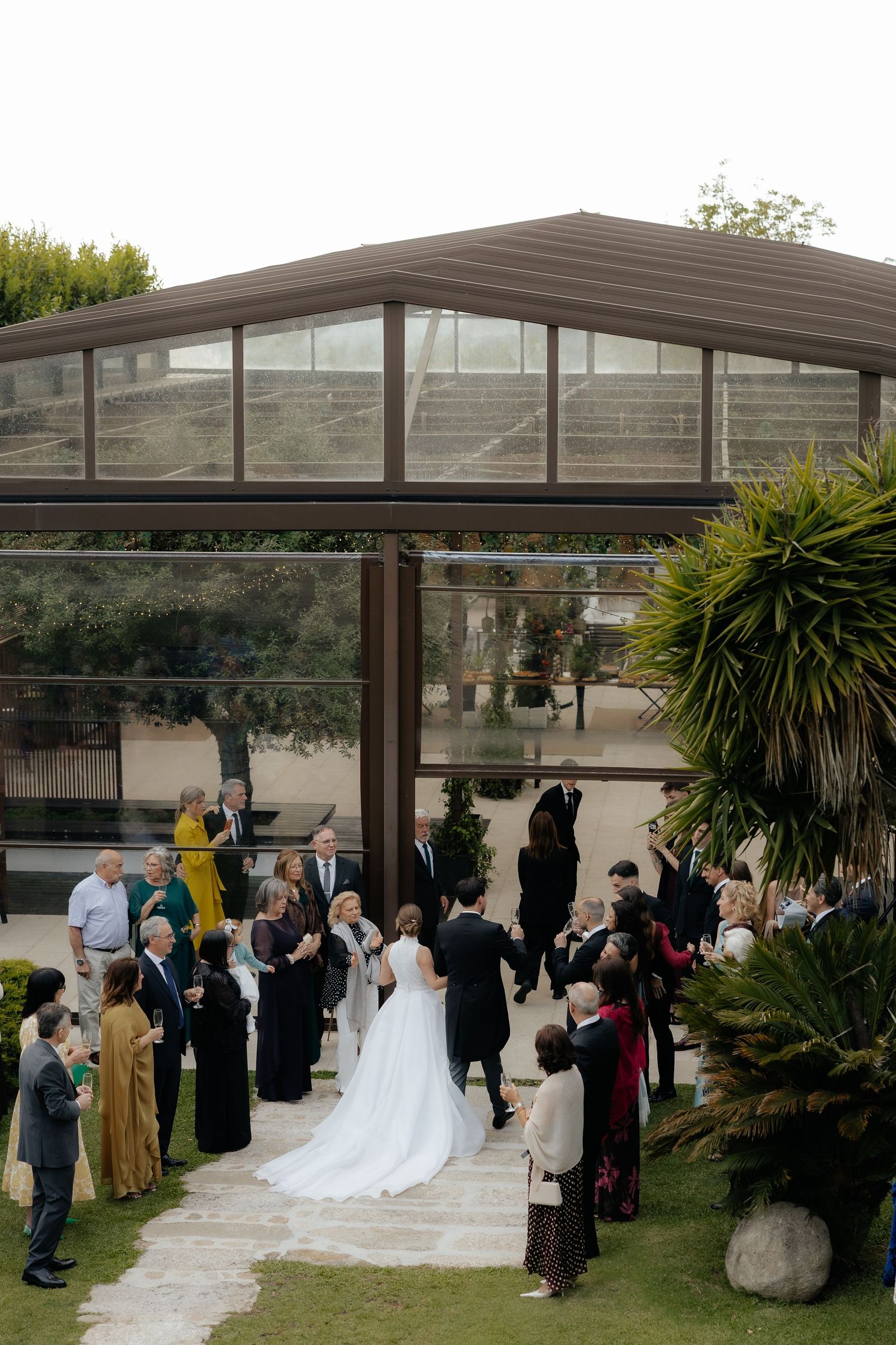 Aerial view of wedding couple greeting guests outside modern glass venue surrounded by tropical garden.