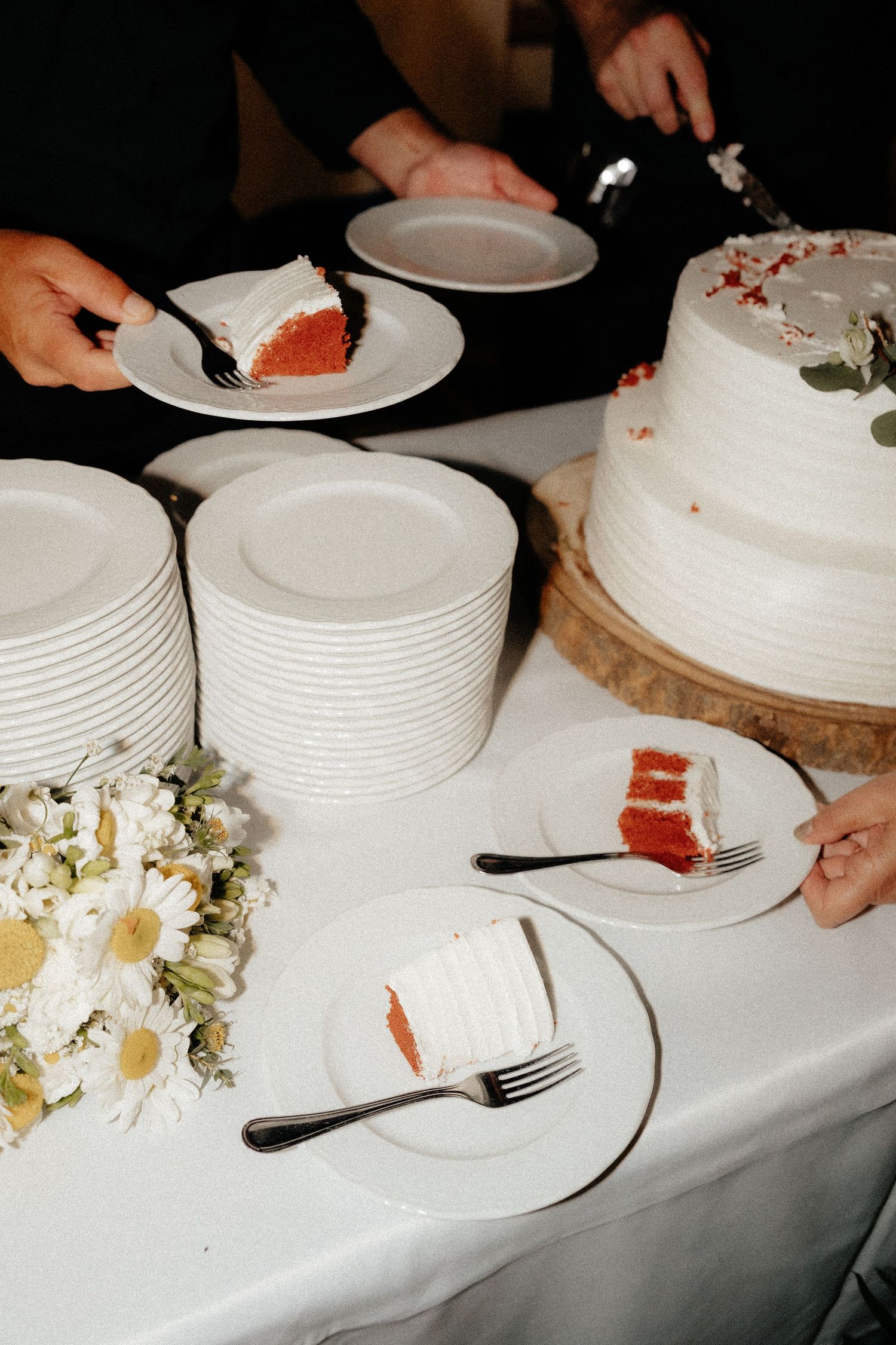 Wedding guests serving red velvet cake slices on white plates beside daisy flowers at reception table.