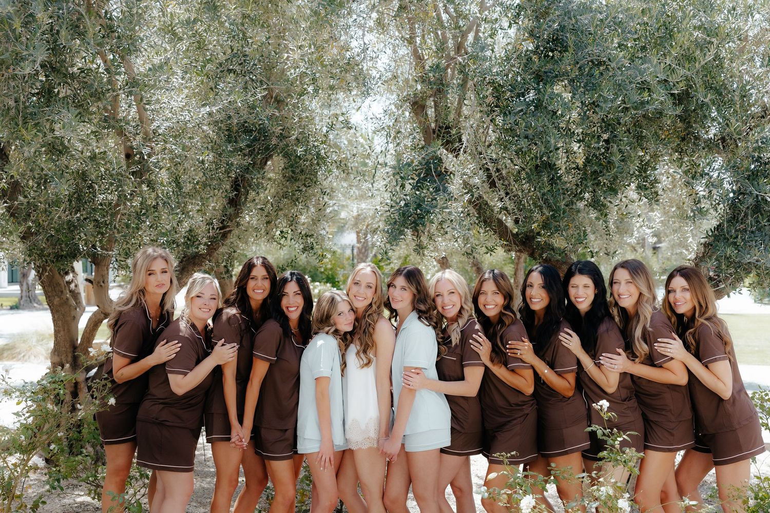 Large bridal party group photo in matching brown and white outfits posing under olive trees outdoors.