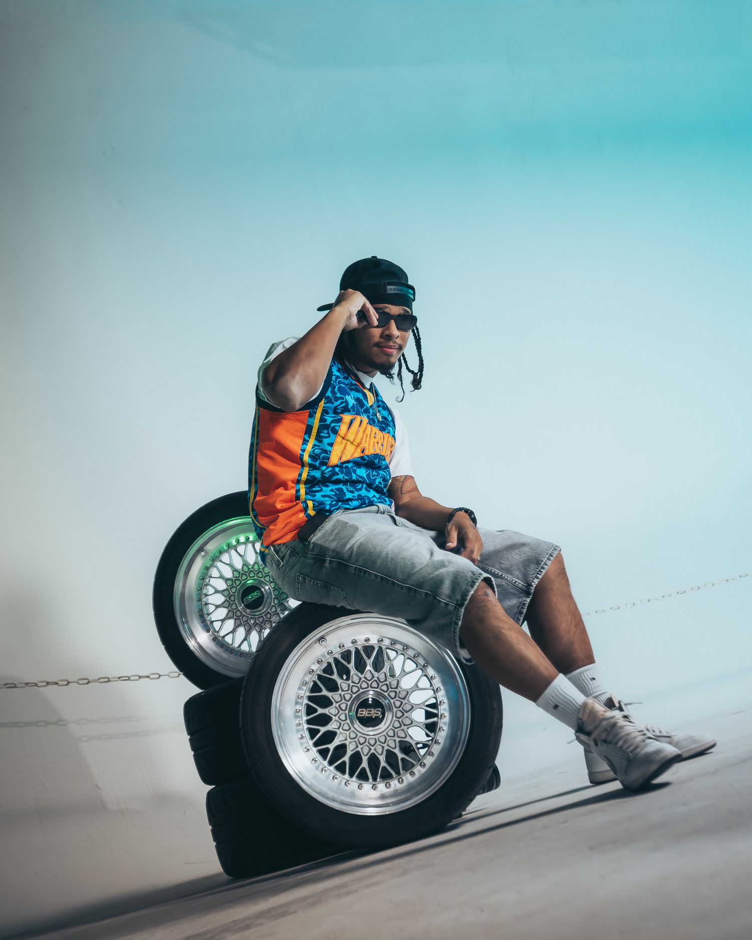 Creative project, Model sitting on BBS RS Wheels, posing during a Y2K Car Meet Event at CoCo Event Group's Creator Meer up