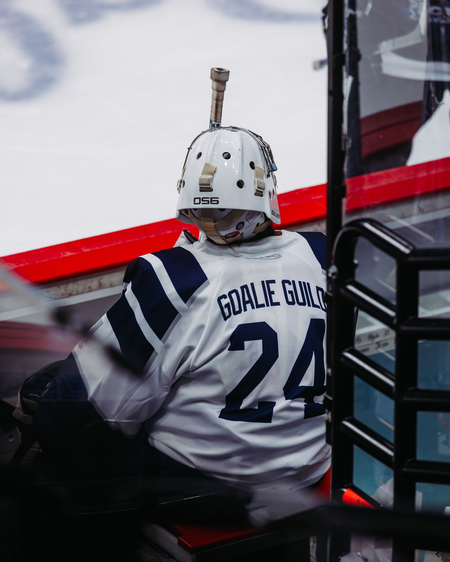 Close up of player wearing a Goalie Guild jersey, at the Pucks For Autism game at Ball Arena in Denver Colorado