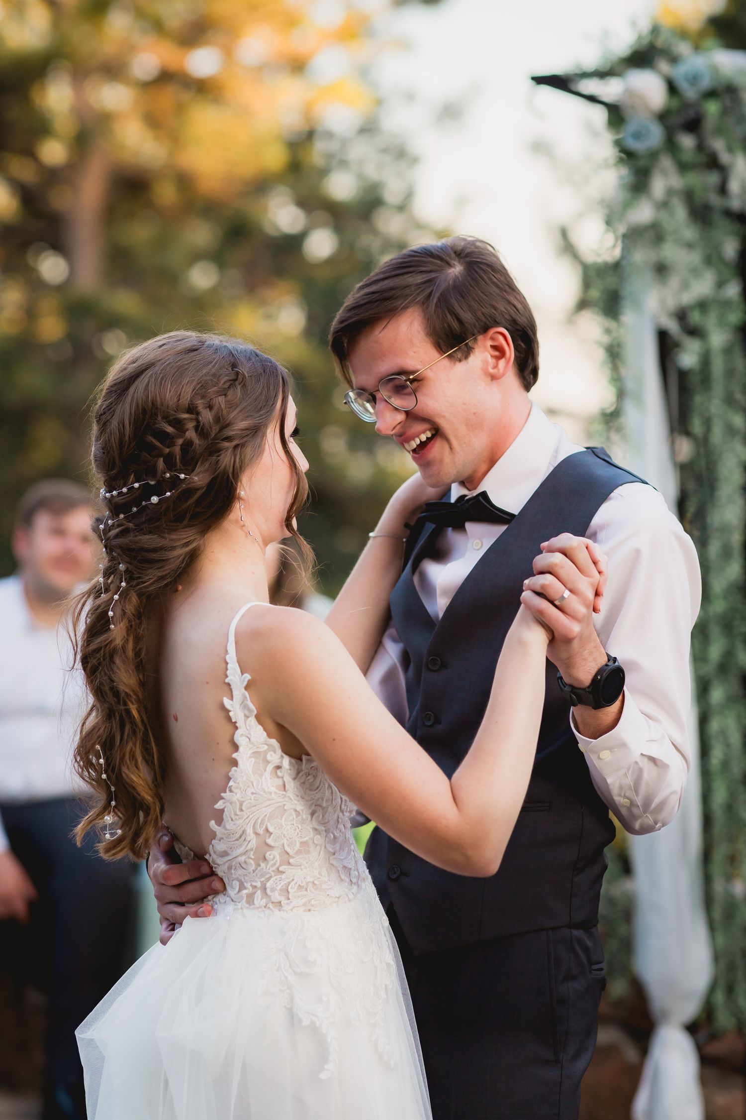 Krause Wedding, bride and groom during their first dance at outside of Botecher Mansion, in Colorado