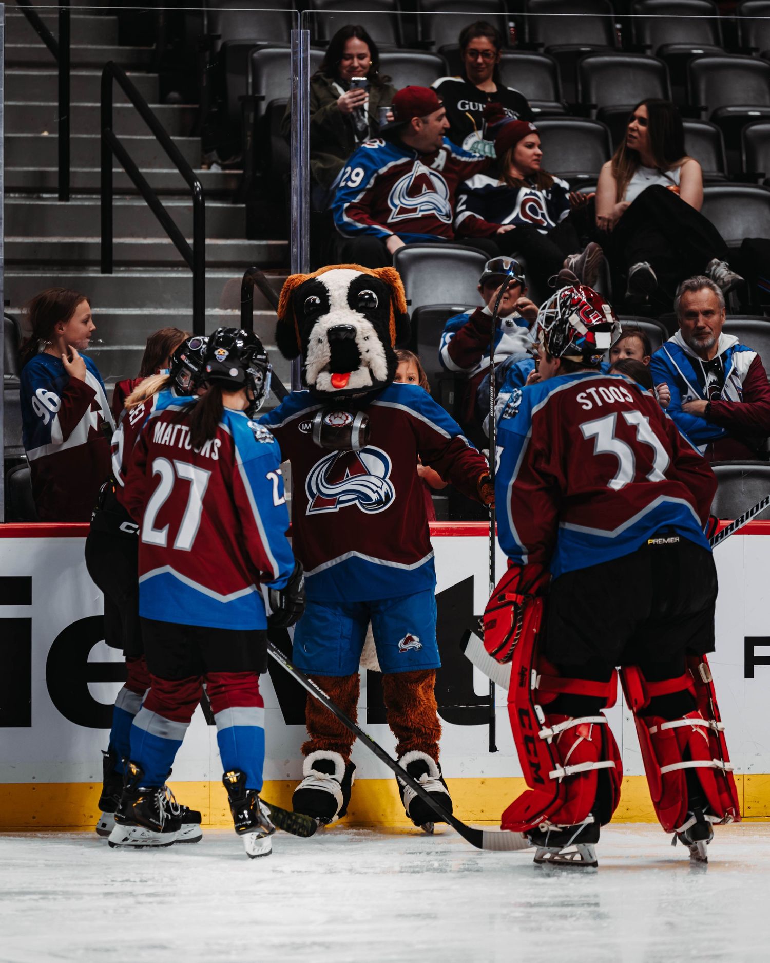Avalanche Mascot, Bernie, playing and interacting with players during the Pucks For Autism game.