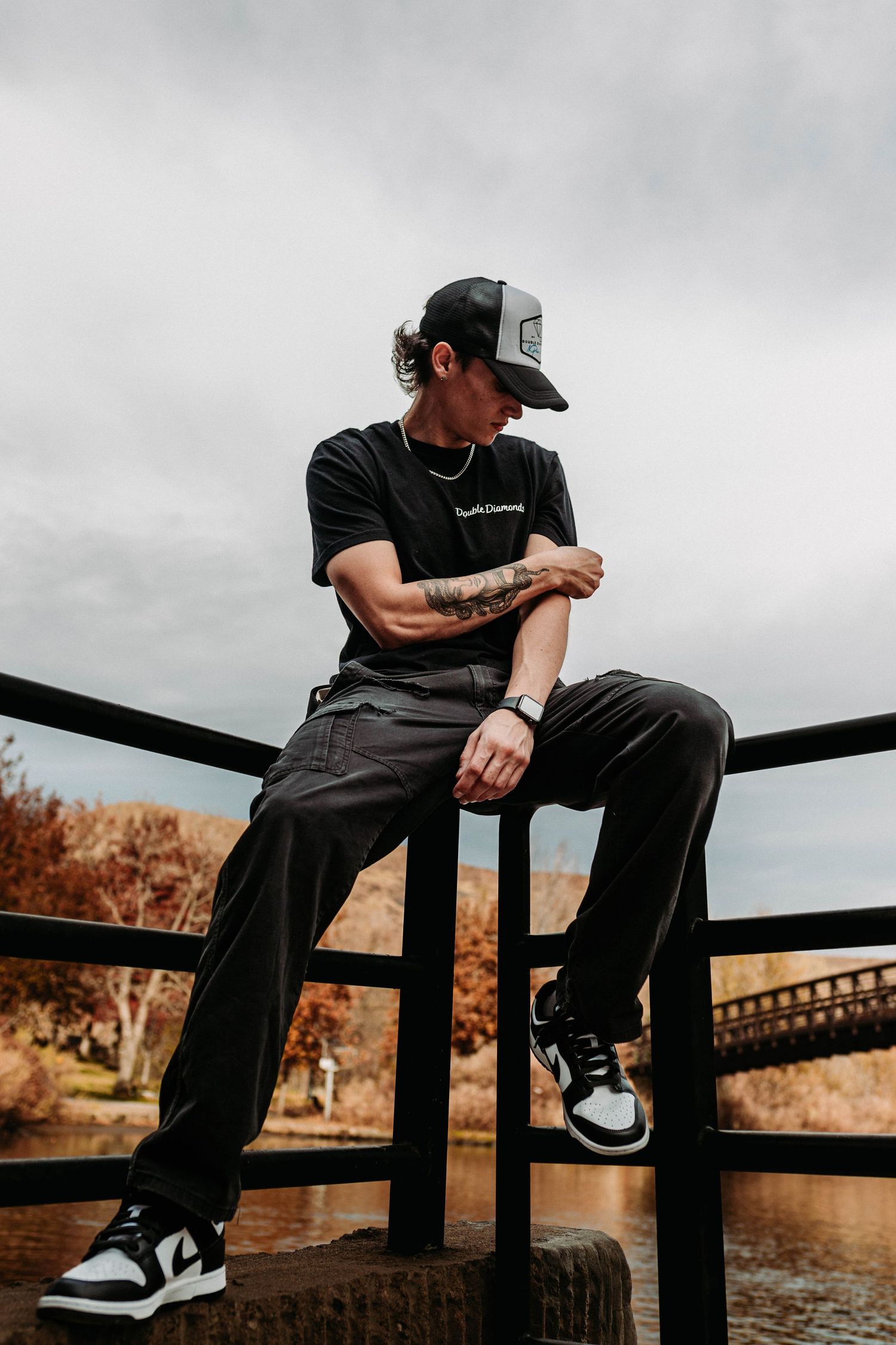 Full body shot of model, posing for lifestyle/branded photoshoot for Denver Colorado brand, Double Diamonds