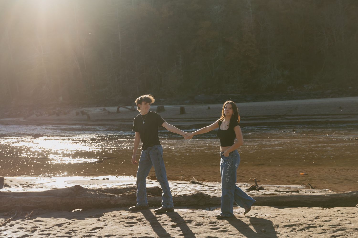 Cinematic fall Couple photo near the Delaware River in the catskill Mountains of New York