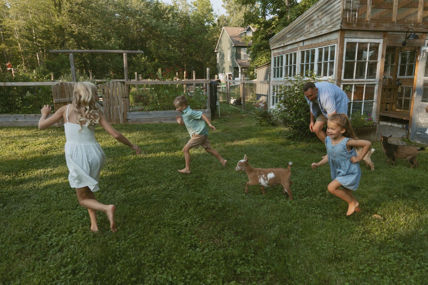 Kids running through the grass with pet goats during their backyard family photo session in Hudson Valley, New York