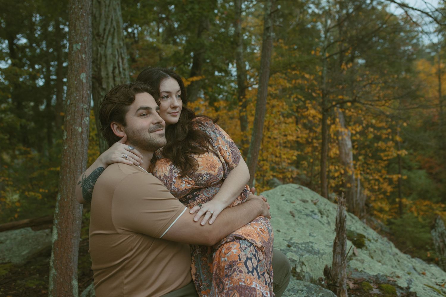 Cinematic fall couple photo in the woods in Sussex County New Jersey