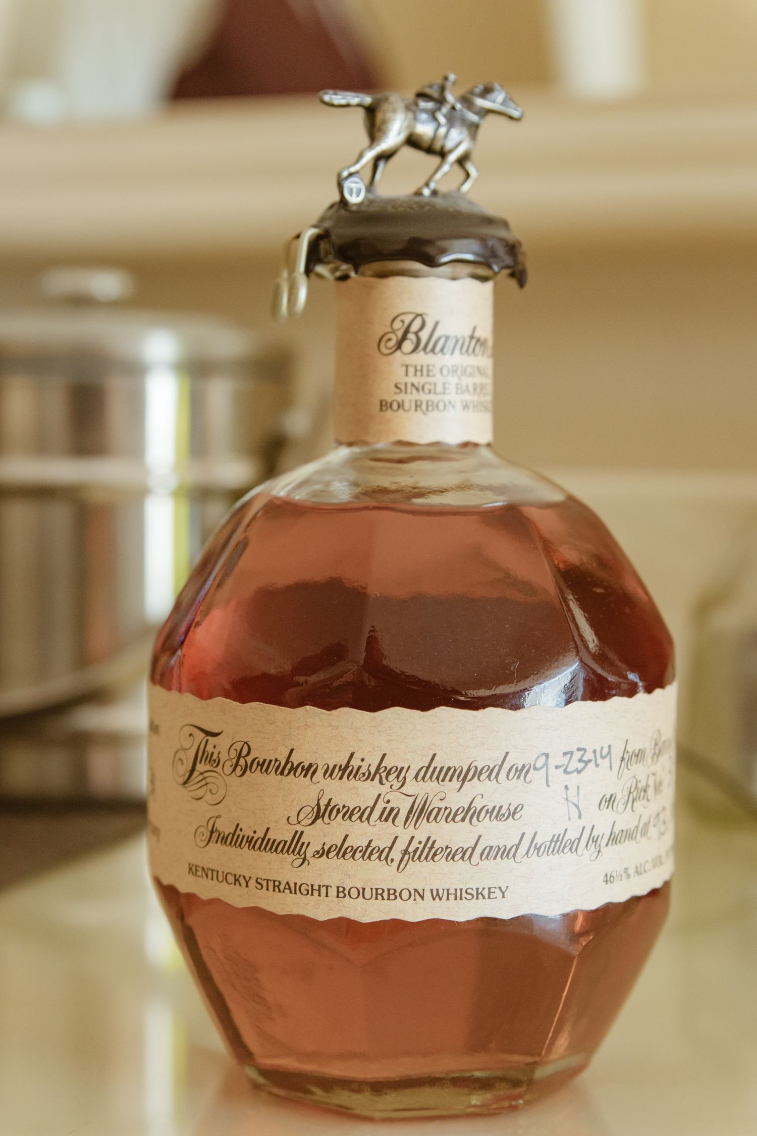 Bottle of Blanton's Single Barrel Kentucky Straight Bourbon Whiskey with iconic horse stopper.