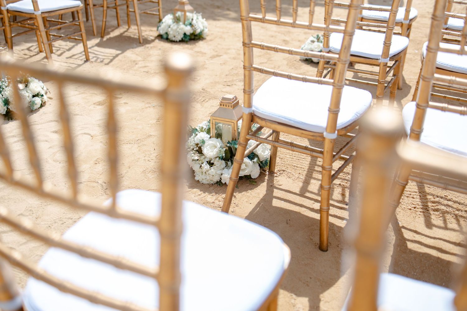 Gold chiavari chairs with white cushions and white floral arrangements lining sandy wedding ceremony aisle.