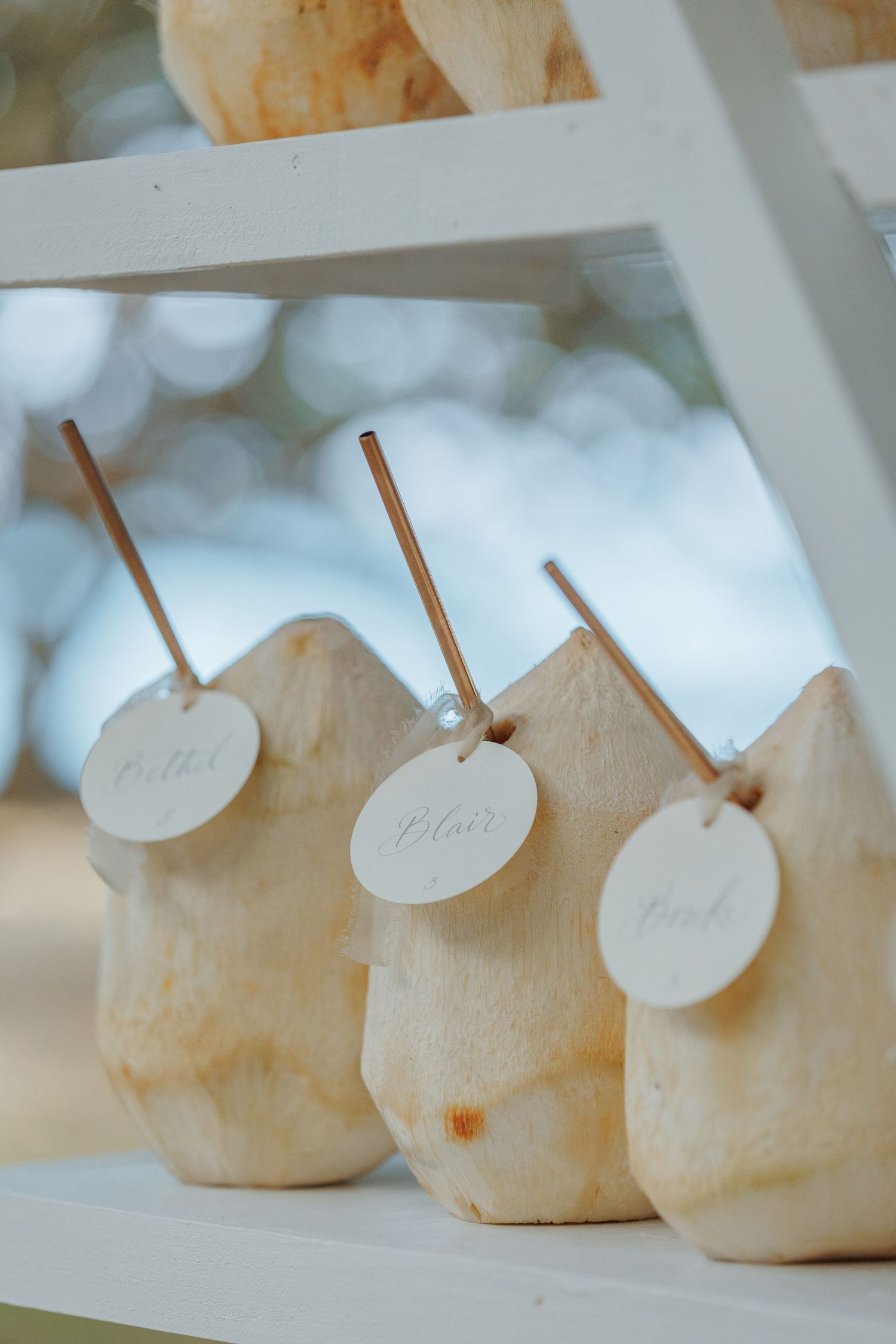 Three personalized young coconuts with gold straws and name tags as wedding welcome drinks.