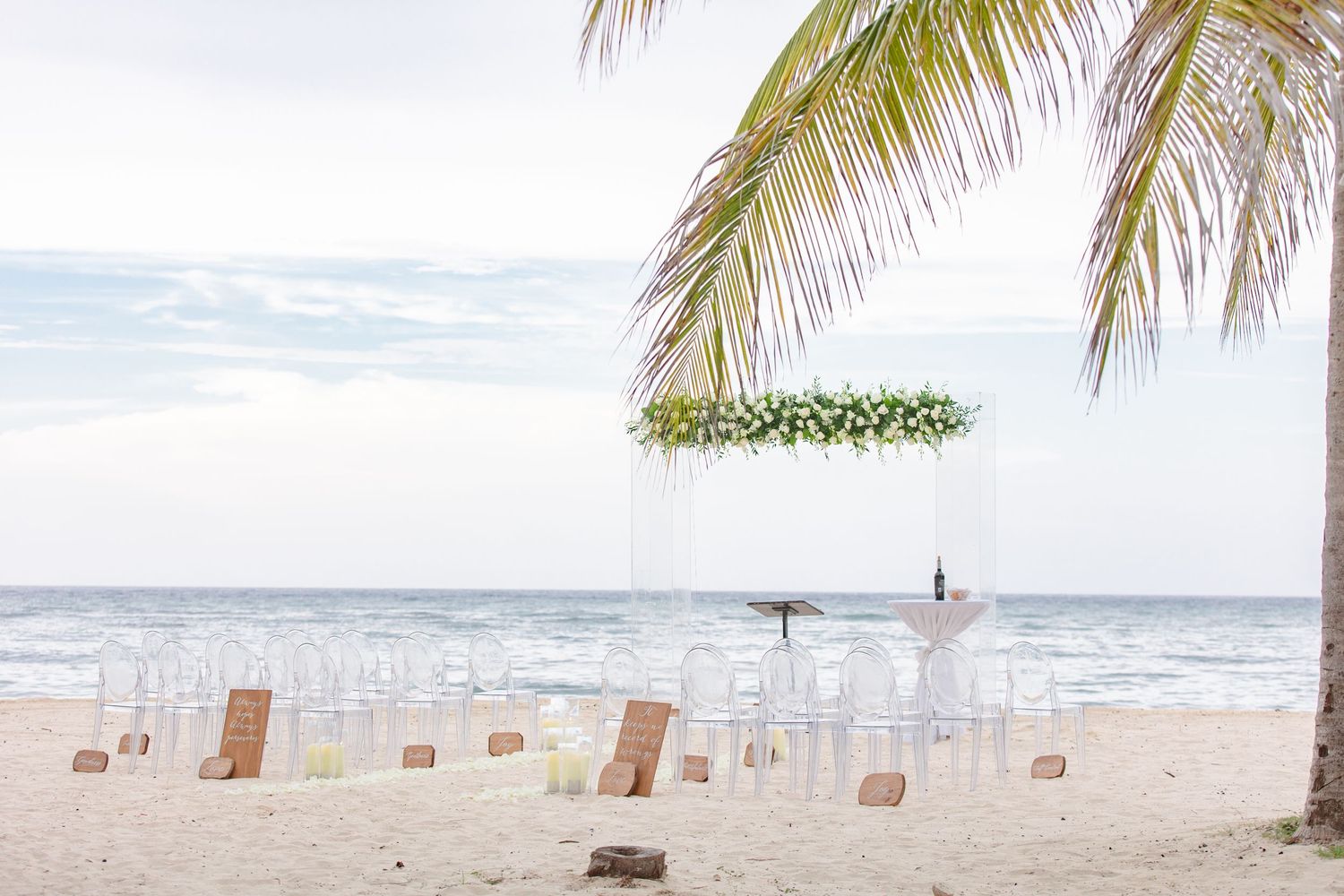 Beach wedding ceremony setup with clear acrylic chairs and floral arch canopy beneath a palm tree.