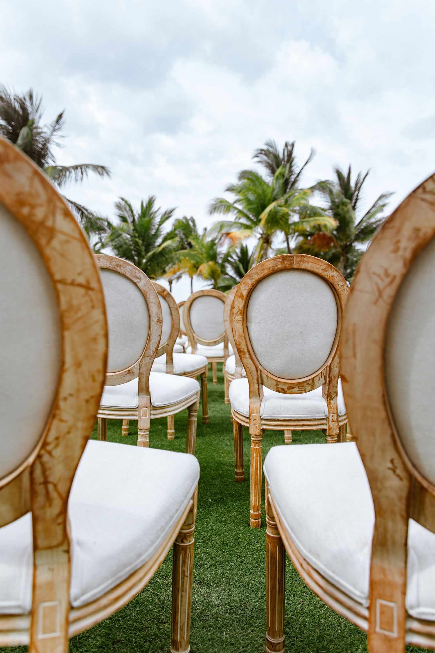 Elegant gold Louis XVI chairs arranged in rows on green grass for an outdoor wedding ceremony with tropical palm trees.