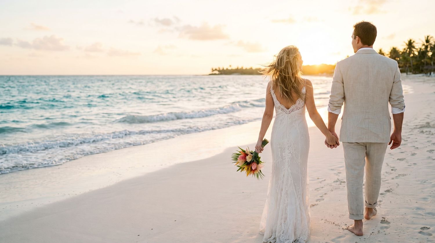 Bride and groom holding hands walking on a tropical beach at sunset, woman in white gown holding colorful bouquet.