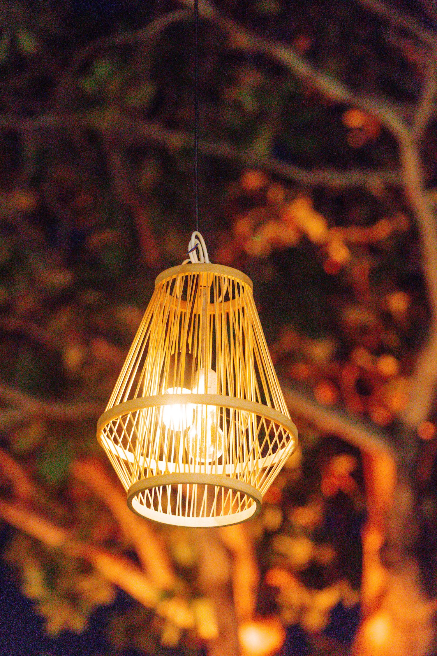 Rustic woven bamboo pendant lamp glowing warmly against a dark outdoor tree backdrop at night.
