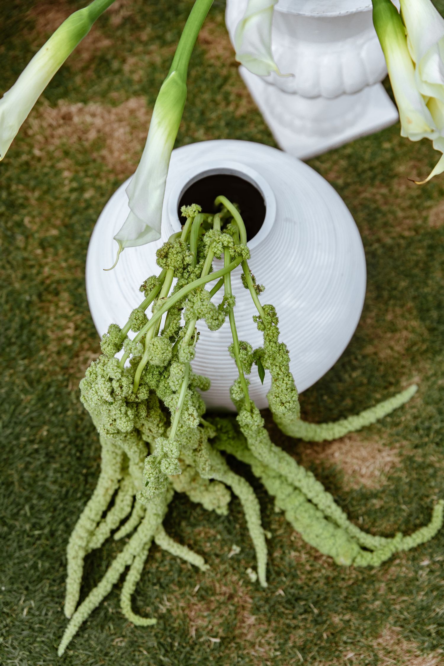 White ceramic vase with green amaranthus flowers spilling out, placed on grass with white floral arrangement.