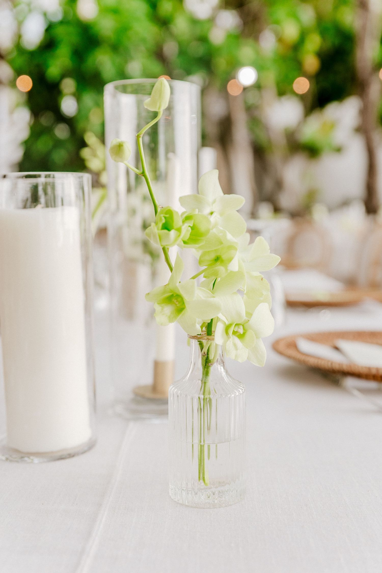 Delicate green orchids in a glass vase on a white wedding reception table setting.