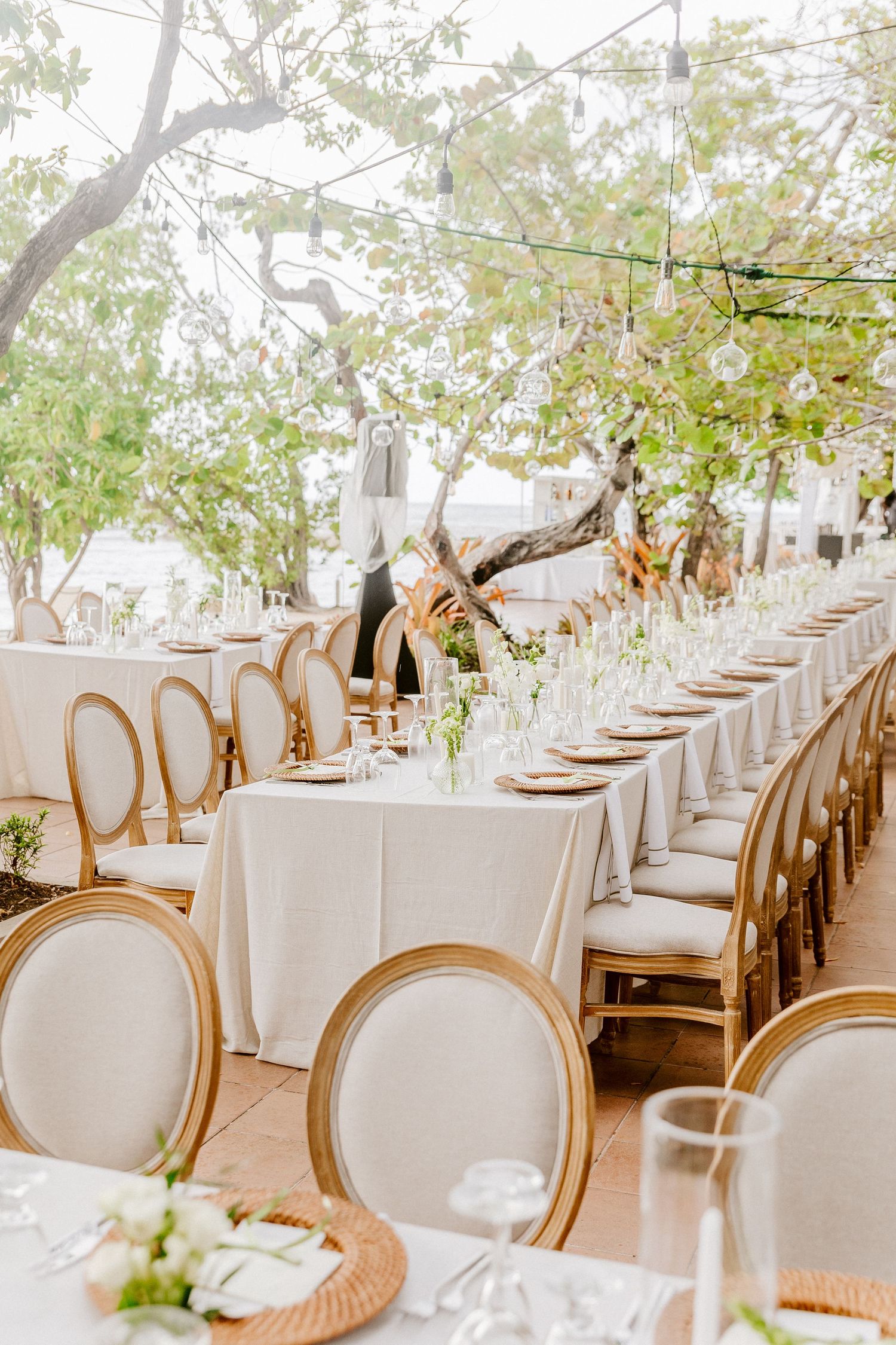 Outdoor wedding reception with long banquet tables, gold oval-back chairs, white linens, and string lights in trees.